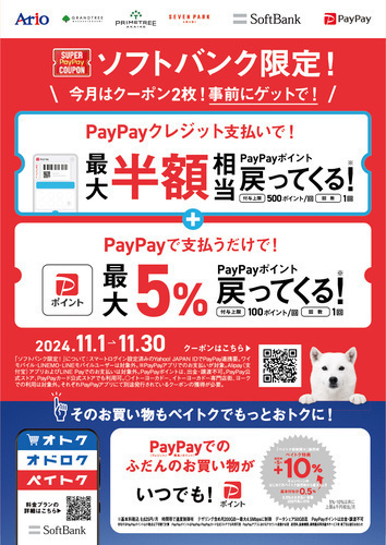 【11/1(金)～11/30(土)】アリオで使える ソフトバンクスマホユーザー限定！ お得なPayPayクーポン2種類を配布！